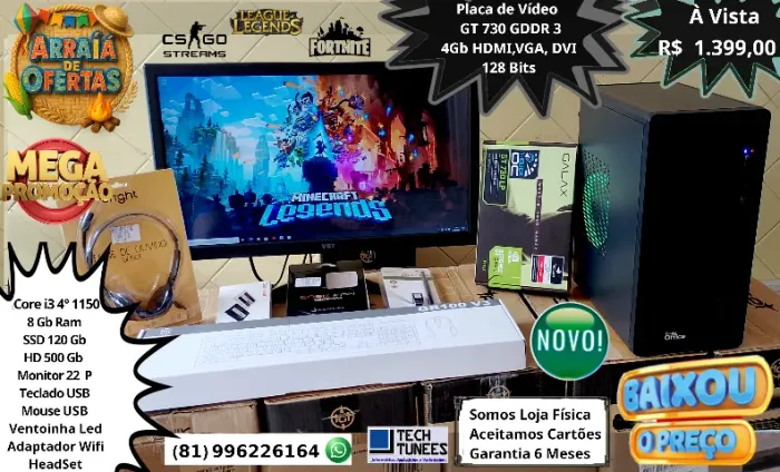 PC Gamer- Core i3, i5 (8 Gb Ram-SSD 120, HD 500 Gb - Placa de Vídeo - Monitor 22