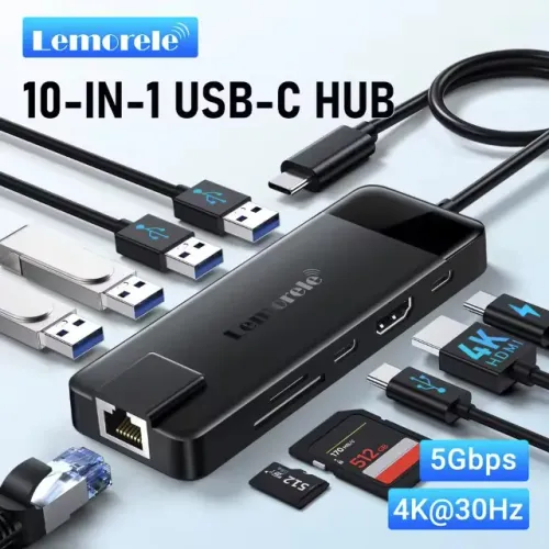 Adaptador Hub Lemorele Tipo C, 10 em 1 HDMI 4K, RJ45 GIGA, USB, USB C, SD/TF, PD 12x 15,13