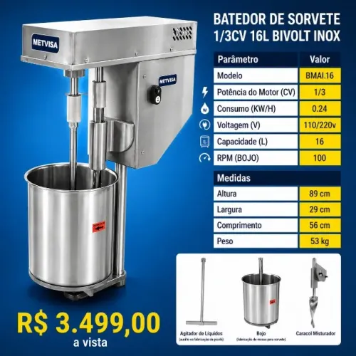 Batedor de Sorvete Metvisa 1/3cv 16L bivolt inox
