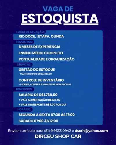 Vaga Emprego Estoquista Autopeças