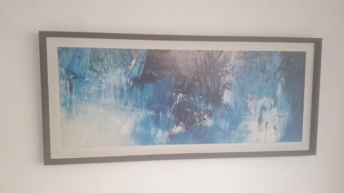 Quadro Decorativo Abstrato Azul e Cinza com Moldura