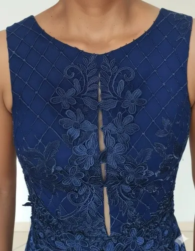 Vestido de festa Longo Azul Marinho alta costura Bordado relevo luxo Premium Tam. 34/36/38