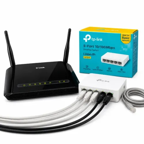 Kit Rede D-Link N300 + Switch TP-Link 5 Portas + Fonte e Cabos