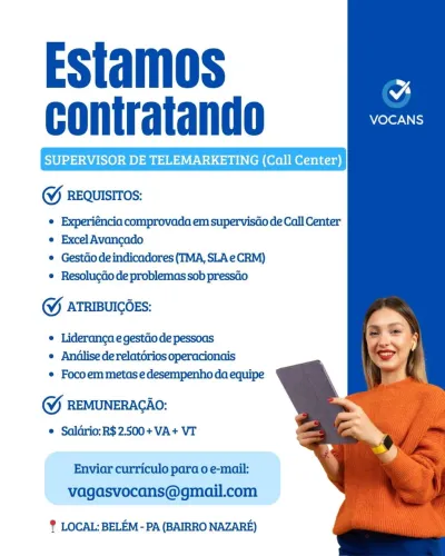 Vaga para supervisor de telemarketing