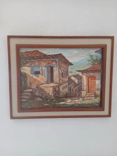 QUADRO ORIGINAL CHOLO (M. NIEVES AMPUERO ) CASARIO COLONIAL ÓLEO sobre tela impecável