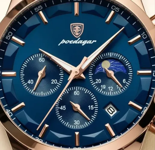 Relógio Pulso Masculino Elegante Poedagar 928 Luxo Blue Rose Gold Pulseira Nobuck Marrom