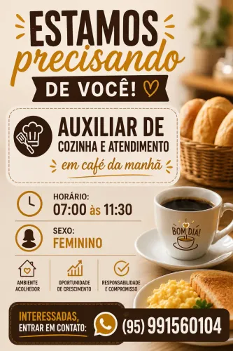 Vaga para auxiliar de cozinha e atendimento
