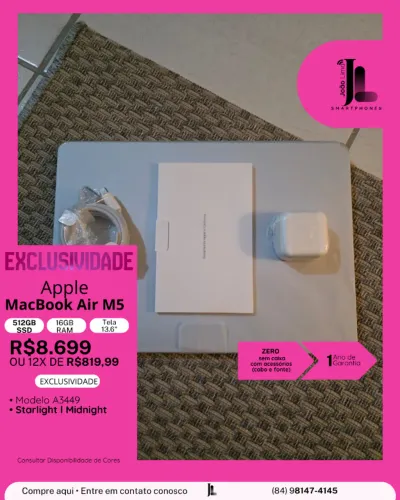 MACBOOK AIR M5, 512GB, 16GB RAM, TELA 13.6 POL., ZERO, SEM CAIXA, LANÇAMENTO!