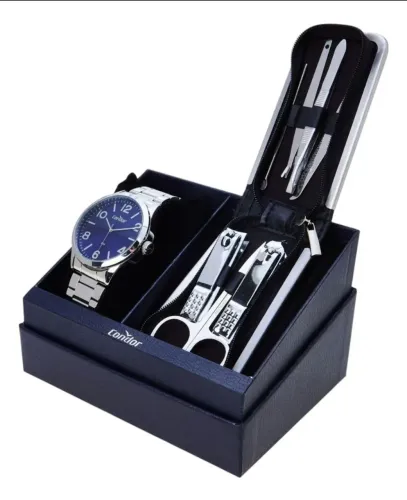 Kit Relógio Masculino Dia A Dia Prata Condor Fundo Azul
