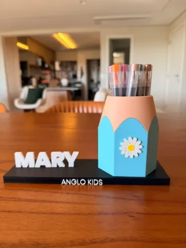 Porta Lápis Personalizado com Nome | Organizador de Mesa Infantil 3D para Escola, Professo