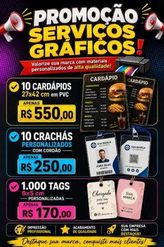 10 cardápios PVC personalizados/ 10 crachás com cordão / 1000 tags