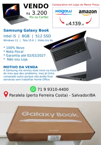 100% Novo, Notebook Samsung , i5, 8GB, 512 SSD, Windows 11, Tela 15.6, Vídeo Iris