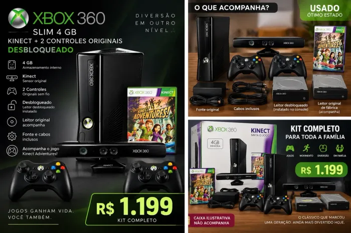 Xbox 360 Slim 4GB + Kinect + 2 Controles Originais - Desbloqueado