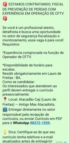 OPORTUNIDA DE TRABALHO NA ÁREA DE PREVENÇÃO DE PERDAS, FISCAL