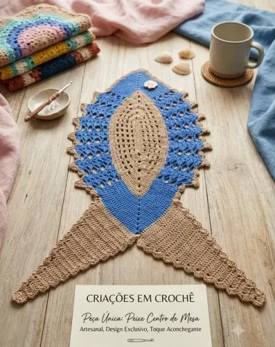 Centro de mesa modelo peixe de crochê barbante.