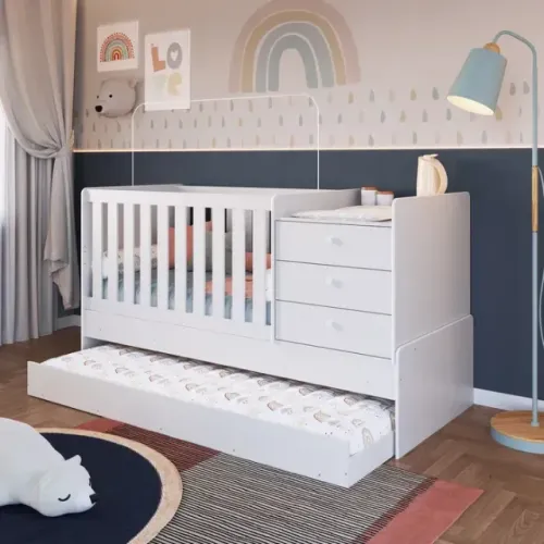 Berço, Cama de Solteiro e Cômoda - 3 em 1 - Bebe dorme bem