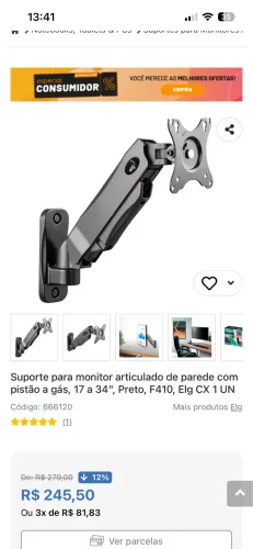 Suporte para monitor articulado de parede com pistão a gás, 17 a 34", Preto, F410, Elg