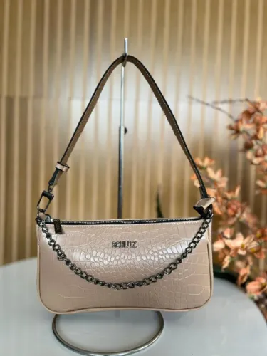 Bolsa Feminina Nude Croco Pequena Alça De Mão Corrente 16x25