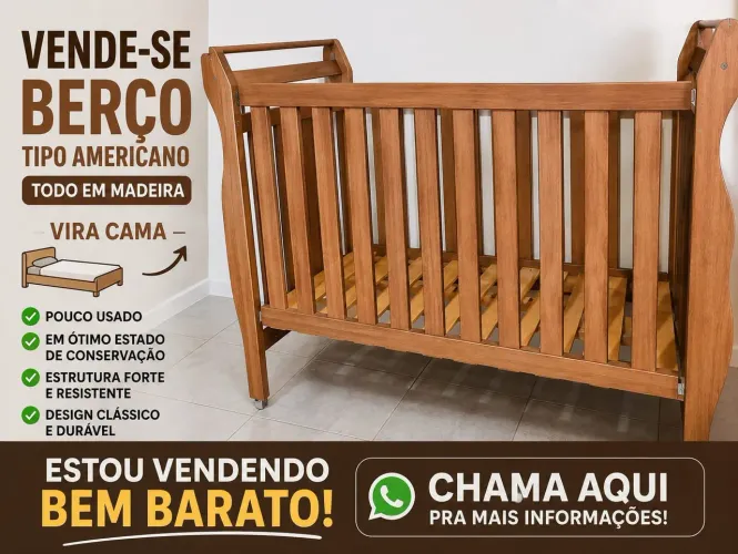 Vende-se berço tipo americano,todo na madeira ótimo estado de conservação!