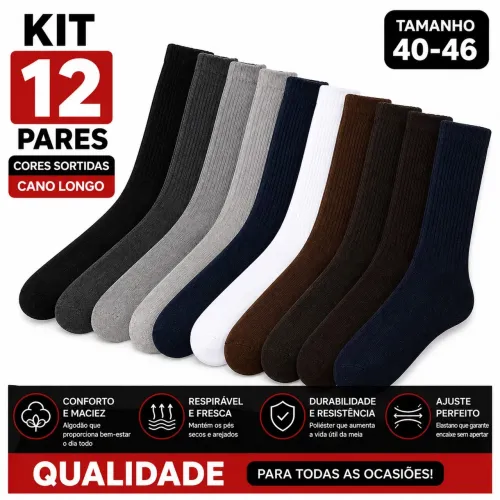 Kit 12 Pares de Meias Cano Longo Unissex | Pronta Entrega