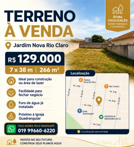 Terreno 262,5m² no Jardim Nova Rio Claro - Plano e Limpo