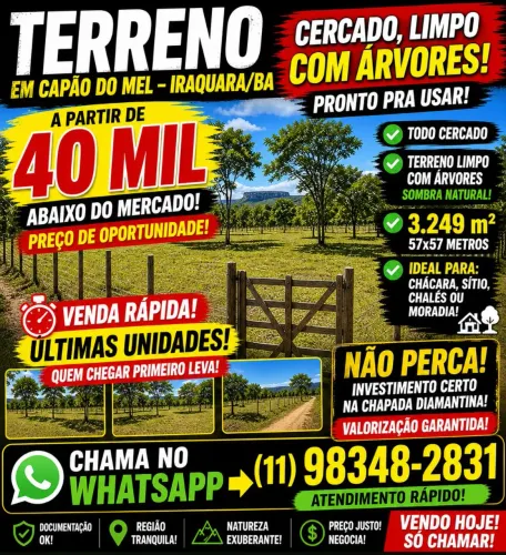VENDE-SE TERRENO NO CAPÃO DO MEL - IRAQUARA/BA