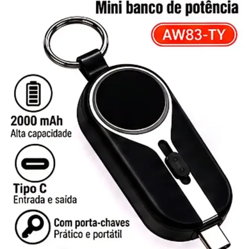 Chaveiro Carregador Portatil Usb-c 2000mah P Celular C/ Entrada Usb-c Emergência de Bolso