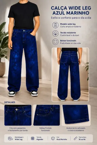 Calça Wide Leg Masculina Jeans Azul Marinho