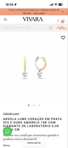 Brinco Vivara ouro diamante