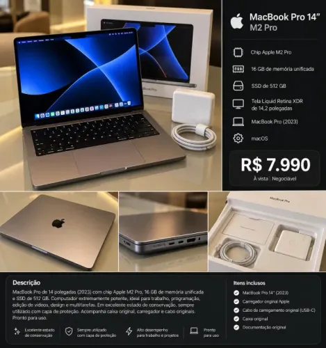 MacBook Pro 14" M2 Pro 16GB 512GB | Impecável | Caixa e Carregador