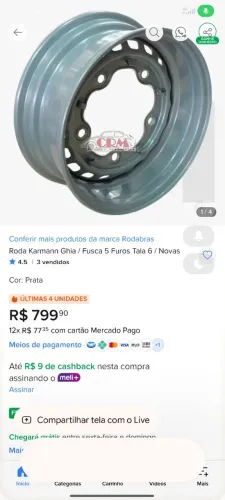 Par de rodas 5 furos Fusca/Brasília 
