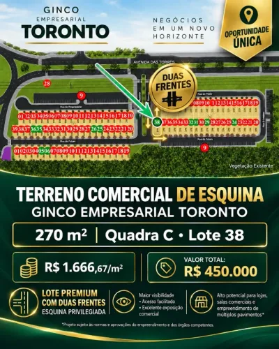 Excelente terreno comercial à venda no Ginco Empresarial Toronto, em Cuiabá.