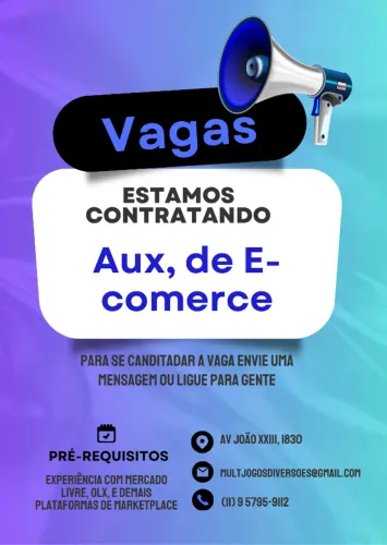 Vaga de emprego para auxiliar de e-commerce em loja de fliperama