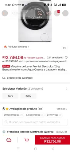 Máquina de lavar frontal eletrilux 12kg branco inverter com água quente e controle unteli