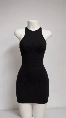 Vestido Curto Feminino Preto Canelado Gola Alta Sem Mangas