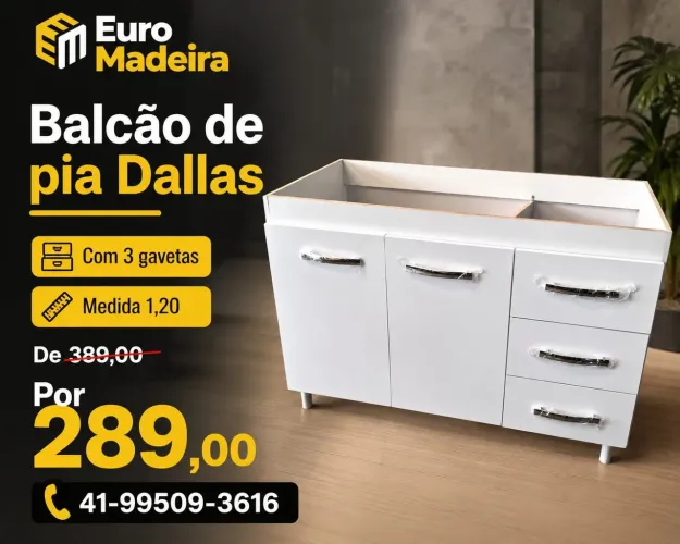 Balcão de Pia com 3 gavetas Dallas - Novo