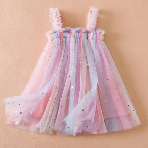 Vestido Infantil Festa Princesa Tule Rosa Com Brilho