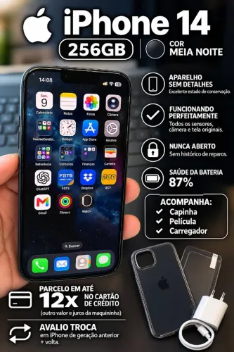iPhone 14 256GB Preto Meia Noite 5G 6,1"
