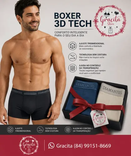 Kit Com 3 Cuecas  Boxer 3D Tech Diamantes Lingerie 