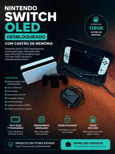 Nintendo Switch OLED Desbloqueado + Cartão de Memória 128GB