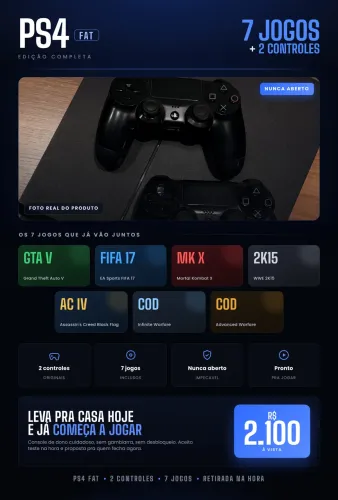 PS4 Fat + 2 Controles Originais + 7 Jogos | Impecável, Nunca Aberto