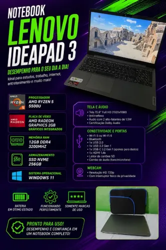 Notebook Lenovo IdeaPad 3 | Ryzen 5 + Bolsa