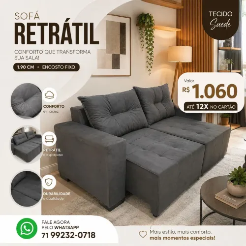 SOFÁ RETRÁTIL ENCOSTO FIXO 190 CM 