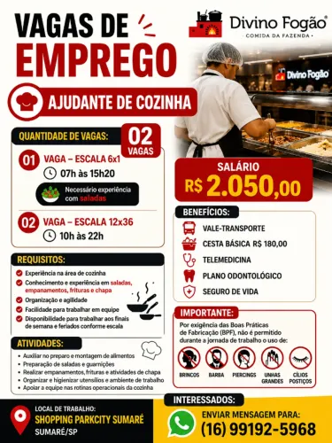 AJUDANTE DE COZINHA - SHOPPING PARKCITY SUMARÉ - SUMARÉ (SP)