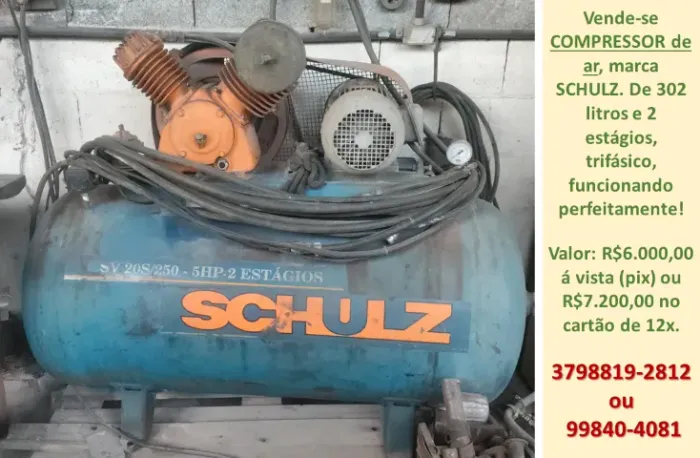 Compressor de ar, marca Schulz, 302 litros, trifásico