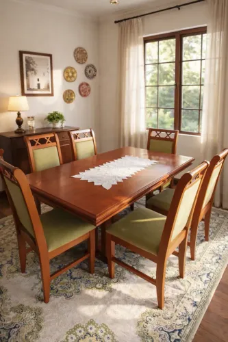 Conjunto de jantar em madeira com cadeiras estofadas