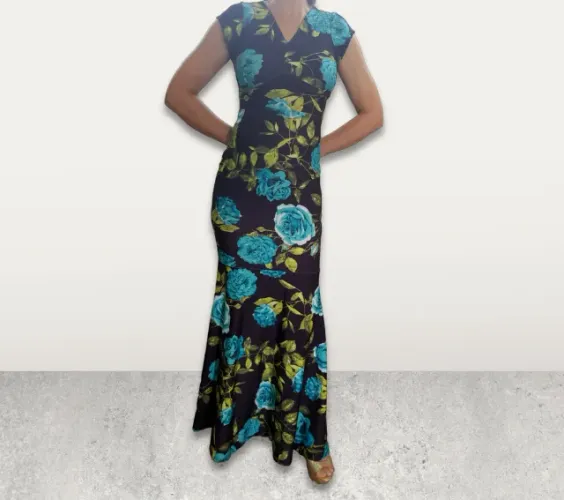 Vestido Longo sereia Azul Floral