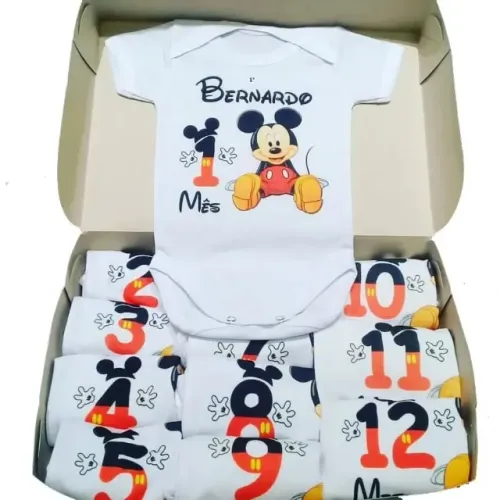 Kit Mesversário Mikey, 12 bodys, P 0-2 meses, M 3-6 meses, G 6-9 meses, GG 9-12 mes