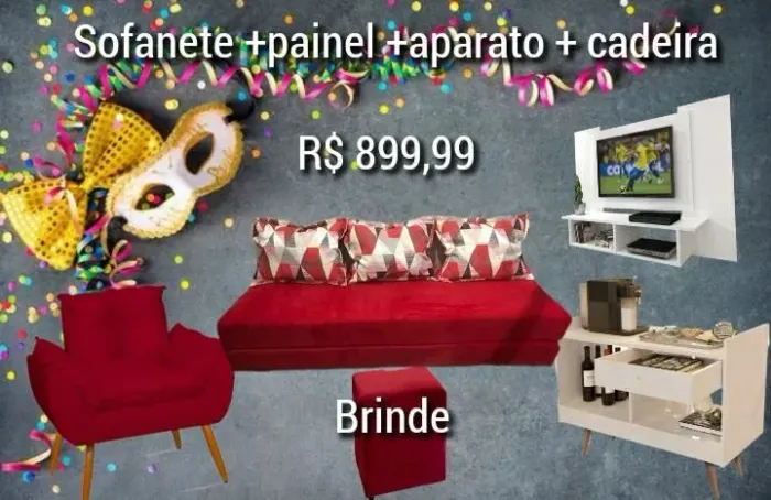 Sofá Cama + Painel + Aparador + Cadeira - R$ 899,99