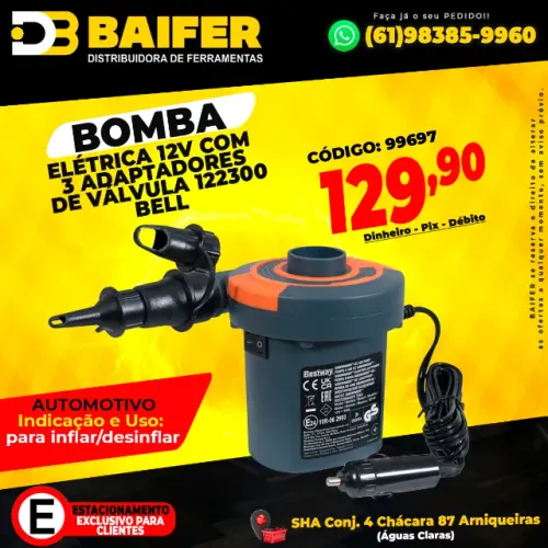 Bomba Elétrica Automotiva 12v Com 3 Adaptadores de Válvula 122300 Bell